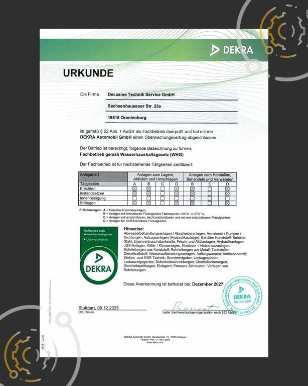 DEKRA Zertifikat der Decusine Technik Service GmbH als Fachbetrieb gemäß Wasserhaushaltsgesetz WHG