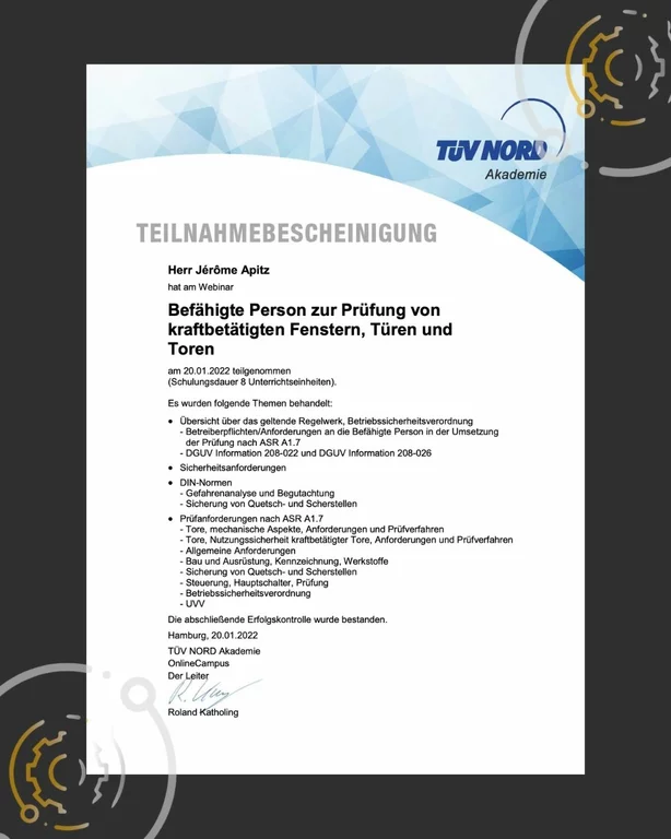 TÜV NORD Zertifikat der Decusine Technik Service GmbH als Nachweis für geprüfte Qualität und fachgerechte technische Leistungen