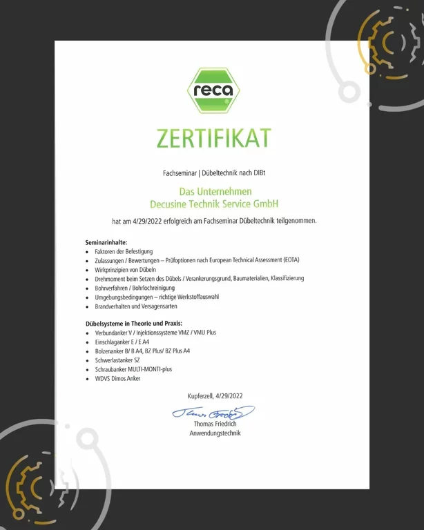 RECA Zertifikat bzw. Partnernachweis der Decusine Technik Service GmbH im technischen Serviceumfeld